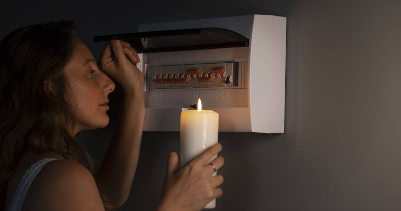 woman checking electrical panel on power outage